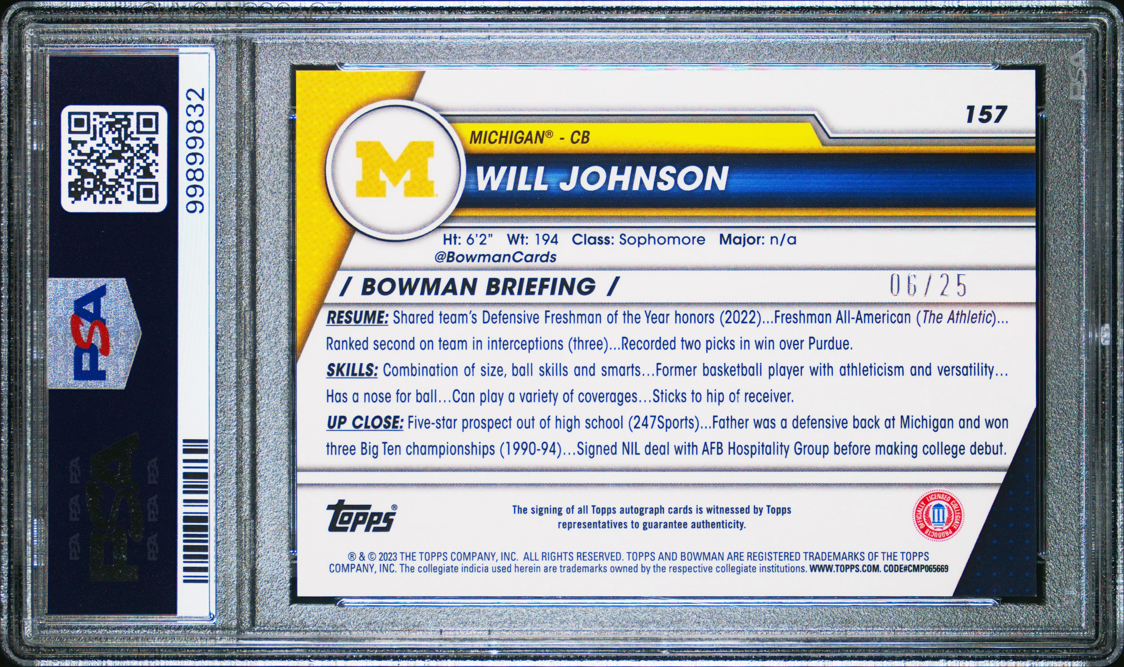 Will Johnson RC 2023 Bowman U Chrome Orange Wave Rookie Auto SP 6/25 PSA 9 - Image 2