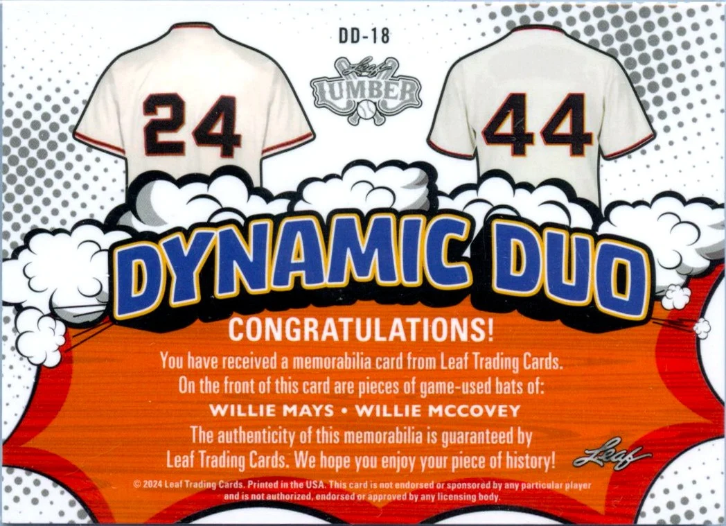 Willie Mays Willie Mccovey 2024 Leaf Lumber Dynamic Duo Game Used Bat Piece SP 1/1 - Image 2