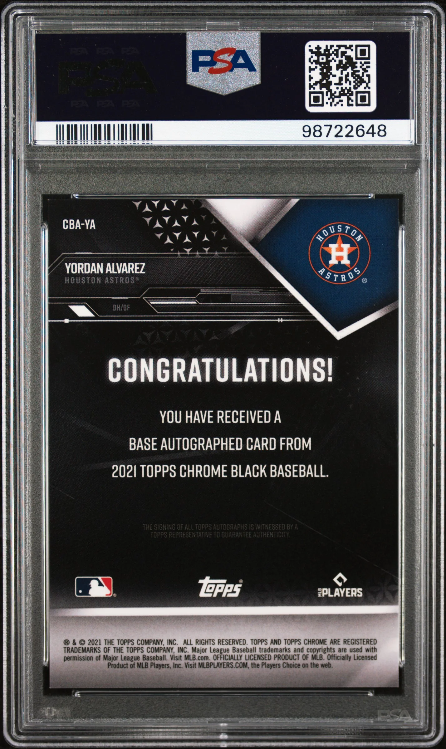 Yordan Alvarez 2021 Topps Chrome Black Auto PSA 10 - Image 2