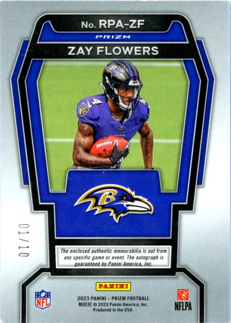 Zay Flowers RC 2023 Panini Prizm Gold Rookie Patch Auto SP 1/10 - Image 2